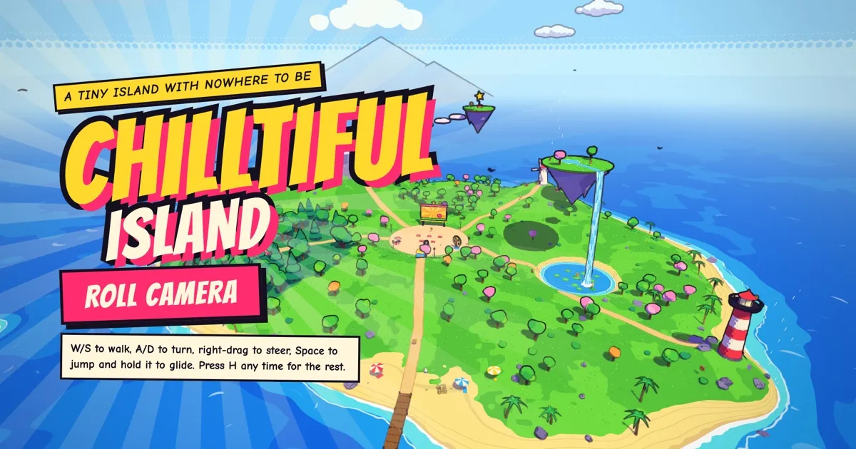 The Chilltiful Island title card over a comic-book island with a lighthouse, a waterfall and floating islands.